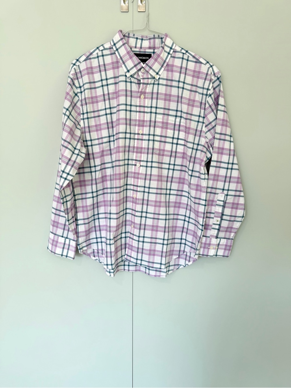 BONOBOS Men’s Cotton Blend Purple Navy Plaid Buttondown Short Length